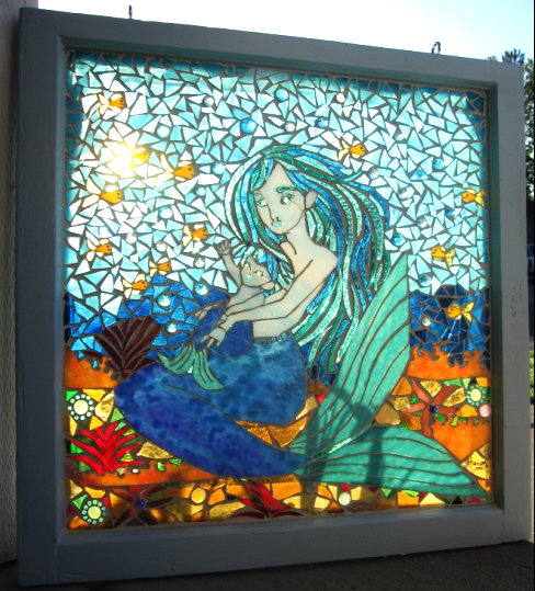 смальта стекло, изображение русалки с ребенком, фото
